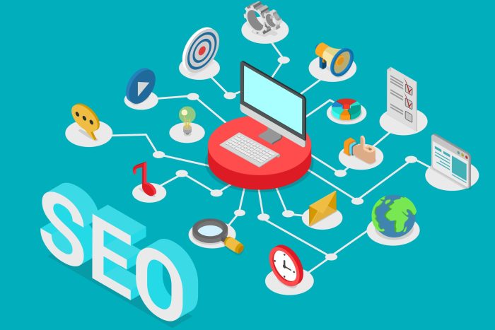 Flat style 3d isometry isometric SEO search engine optimization creative web technology concept. Computer on pedestal connected to SEO-related icons: message music social media post promotion target. What is Alt Text